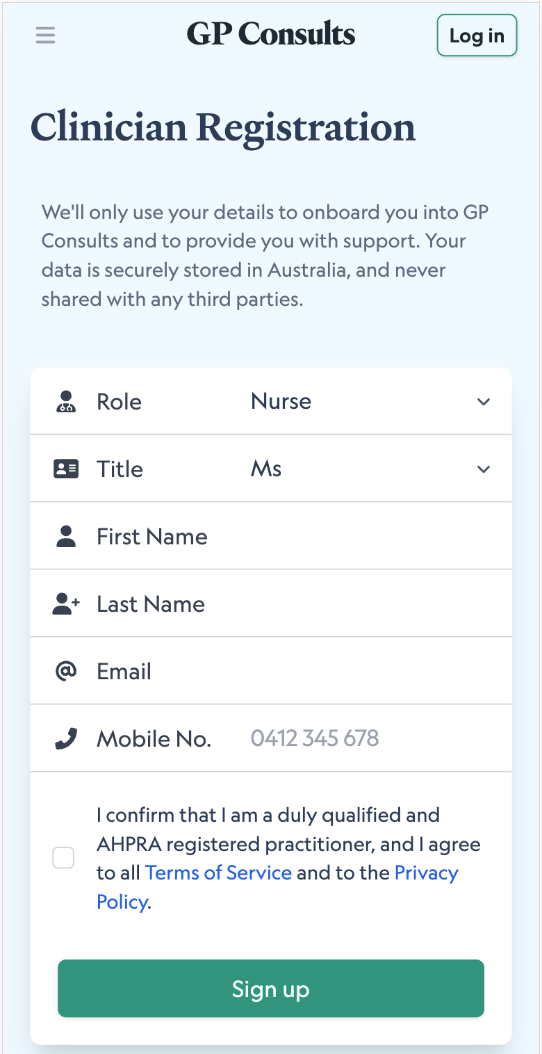 Clinician registration form