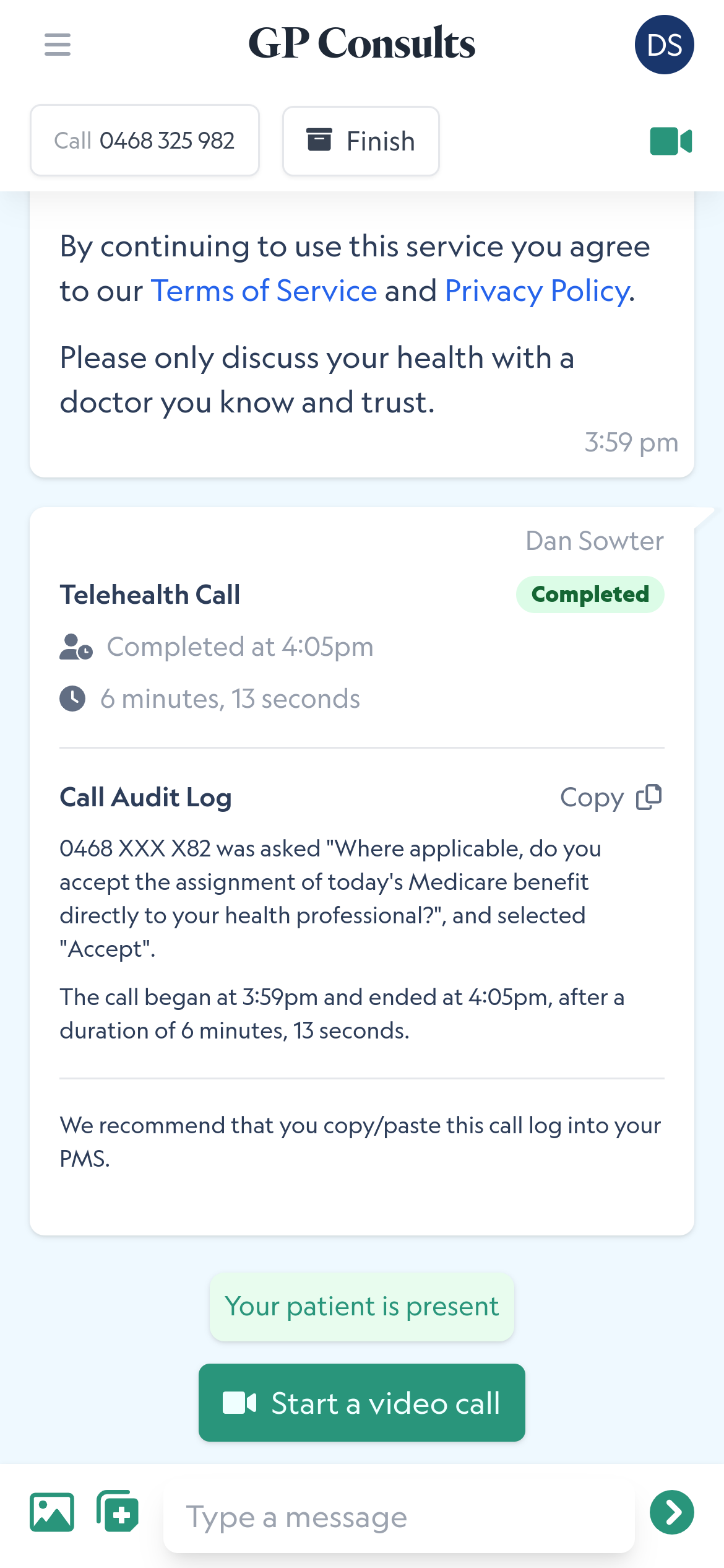 A call log, supporting Medicare audits